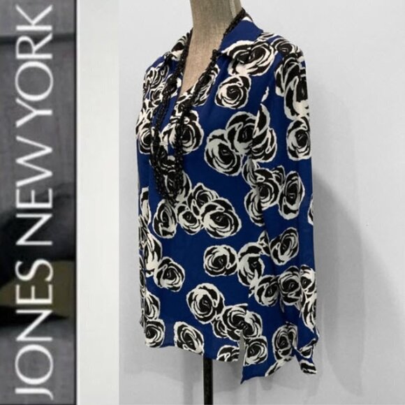NWOT Jones New York Blue Black Floral Vneck Long Sleeve Tunic Blouse - Picture 2 of 12